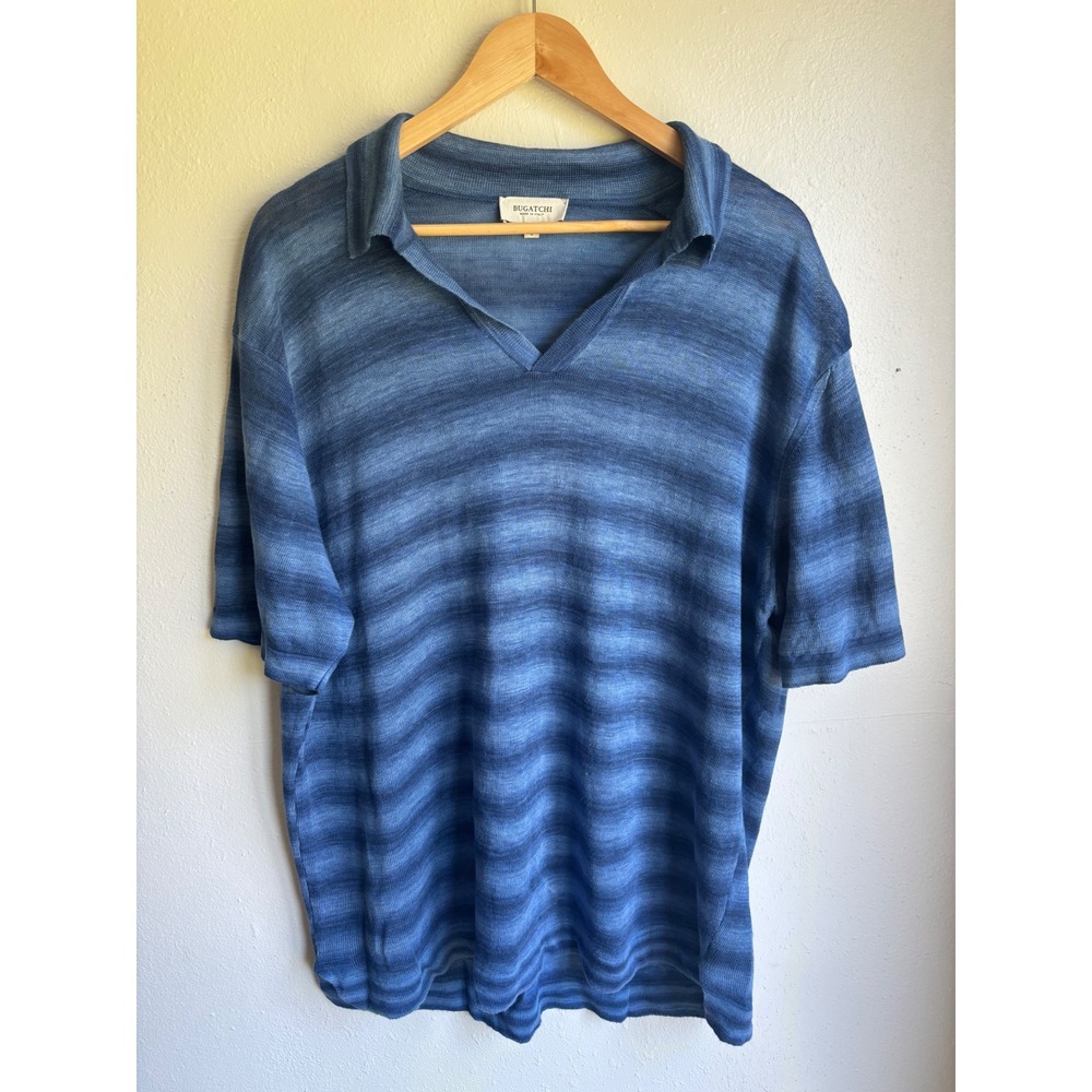 Bugatchi Mens 100% Linen Short Sleeve Polo Sweater Blue Space Dye DH301JC1 L